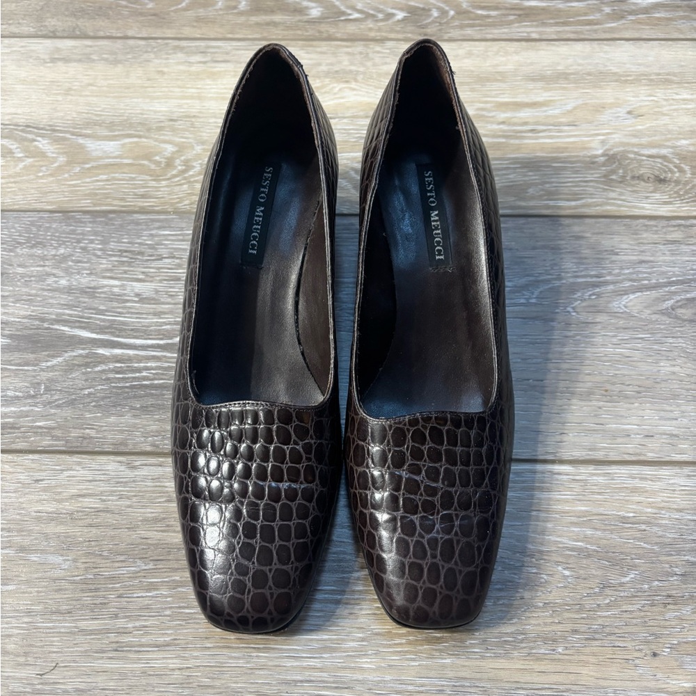 Sesto Meucci Pumps Sz 8.5 Brown Leather Chunky Heel Snakeskin Embossed Italy
